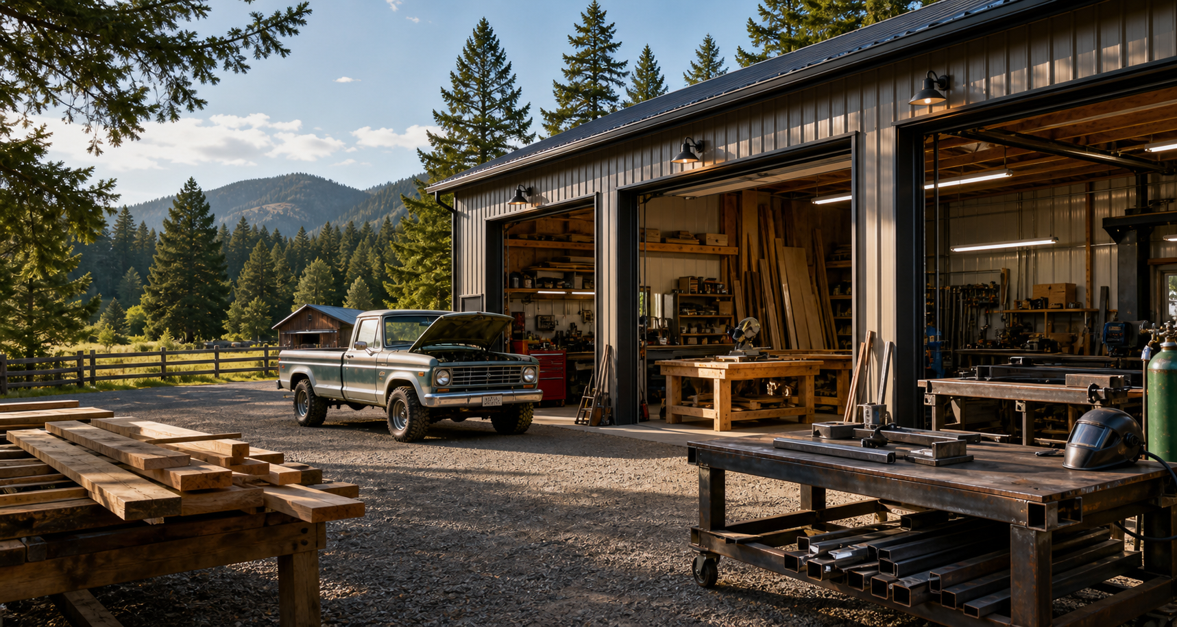 Rural Oregon workshop with automotive, woodworking, and fabrication areas